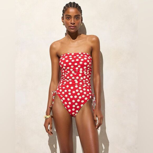 NWT J CREW Gemma ruched bandeau one-piece with side ties in Red Arroyo - Picture 2 of 8